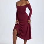 Modal Off-Shoulder Ruched Midaxi Dress in Wine Red