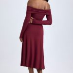 Modal Off-Shoulder Ruched Midaxi Dress in Wine Red - Image 3