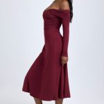 Modal Off-Shoulder Ruched Midaxi Dress in Wine Red - Image 4