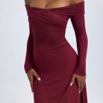 Modal Off-Shoulder Ruched Midaxi Dress in Wine Red - Image 5