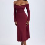 Modal Off-Shoulder Ruched Midaxi Dress in Wine Red - Image 7