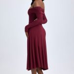Modal Off-Shoulder Ruched Midaxi Dress in Wine Red - Image 8
