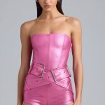 Metallic Denim Belted Corset Playsuit in Deep Pink