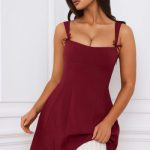 Bow-Detail Pleated A-Line Mini Dress in Berry Red - Image 7