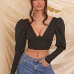 Plunge Neck Puff Sleeve Crop Top in Black