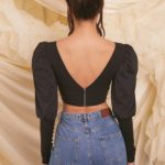 Plunge Neck Puff Sleeve Crop Top in Black - Image 2