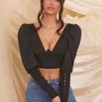 Plunge Neck Puff Sleeve Crop Top in Black - Image 4