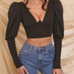 Plunge Neck Puff Sleeve Crop Top in Black - Image 5