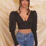 Plunge Neck Puff Sleeve Crop Top in Black - Image 6
