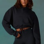 Cropped Drawstring Hooded Sweatshirt in Black - Image 2