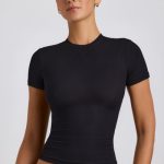 Ribbed Modal High Neck Top in Black