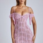Sheer Lace A-Line Mini Dress in Baby Pink - Image 5