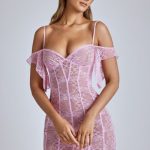 Sheer Lace A-Line Mini Dress in Baby Pink - Image 8