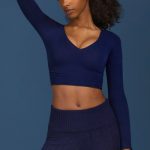 Ruched Long-Sleeve Crop Top in Navy