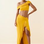 Asymmetric Ruffled Low-Rise Maxi Skirt in Golden Yellow