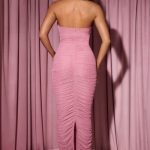 Bow-Embellished Ruched Halterneck Maxi Dress in Dusty Pink - Image 2