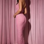 Bow-Embellished Ruched Halterneck Maxi Dress in Dusty Pink - Image 6