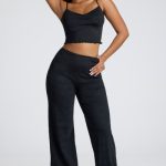 Mid Rise Straight Leg Pointelle Trousers in Black