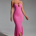 Embellished Cut-Out Asymmetric Midaxi Dress in Hot Pink