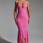 Embellished Cut-Out Asymmetric Midaxi Dress in Hot Pink - Image 5