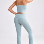Fold Over Kick Flare Chunky Knit Trousers in Dusty Teal - Image 2