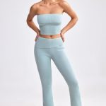 Fold Over Kick Flare Chunky Knit Trousers in Dusty Teal - Image 8