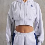 Waffle Lined Cropped Zip Up Hooded Jacket in Heather Grey - Image 4
