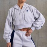 Waffle Lined Cropped Zip Up Hooded Jacket in Heather Grey - Image 7