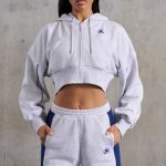 Waffle Lined Cropped Zip Up Hooded Jacket in Heather Grey - Image 8