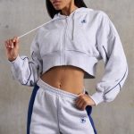 Waffle Lined Cropped Zip Up Hooded Jacket in Heather Grey - Image 9