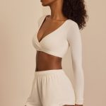 Brushed Jersey Wrap Crop Top in Ecru - Image 3