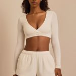 Brushed Jersey Wrap Crop Top in Ecru - Image 9