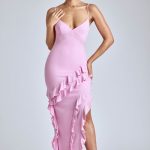 Panelled Ruffle Evening Gown in Baby Pink - Image 8