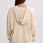 Terry Towelling V-Neck Hoodie in Cream - Image 2