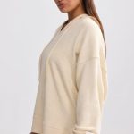 Terry Towelling V-Neck Hoodie in Cream - Image 3