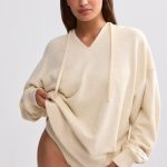 Terry Towelling V-Neck Hoodie in Cream - Image 5