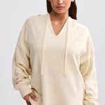 Terry Towelling V-Neck Hoodie in Cream - Image 6