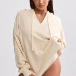 Terry Towelling V-Neck Hoodie in Cream - Image 7