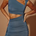 Asymmetric Ruched Mini Dress in Steel Blue - Image 4