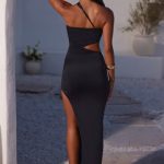 Asymmetric Neckline Ruched Cut Out Maxi Dress in Black - Image 2
