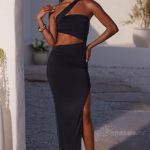 Asymmetric Neckline Ruched Cut Out Maxi Dress in Black - Image 4