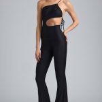 Petite Metallic Ruched Cut-Out Flared Jumpsuit in Black