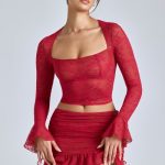 Lace Long Sleeve Top in Cherry Red