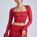 Lace Long Sleeve Top in Cherry Red - Image 6