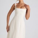 Bow-Detail Pleated A-Line Midi Dress in Ivory - Image 2