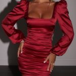 Ruched Puff Sleeve Satin Mini Dress in Red - Image 7