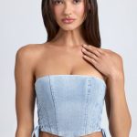 Bandeau Lace-Up Corset Crop Top in Light Blue Stonewash