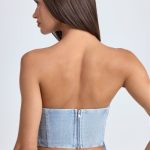 Bandeau Lace-Up Corset Crop Top in Light Blue Stonewash - Image 2