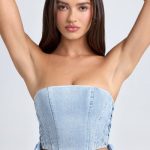Bandeau Lace-Up Corset Crop Top in Light Blue Stonewash - Image 4