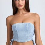 Bandeau Lace-Up Corset Crop Top in Light Blue Stonewash - Image 5